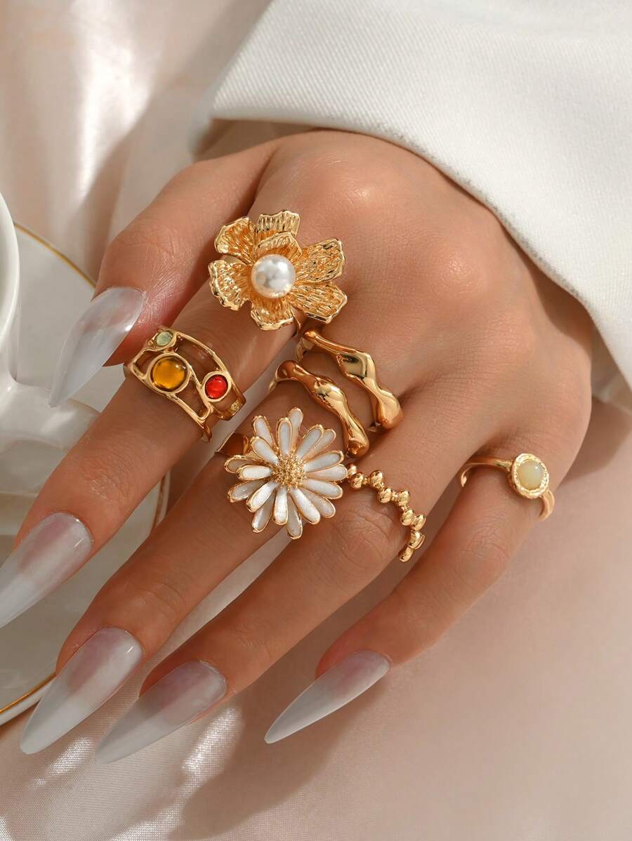 6pcs/Set Vintage Coin Adjustable Rings Set, Fashion Drip Glaze Floral With Faux Pearl Decoration, Women Jewelry Accessories Suitable For Daily Wear, Dates, Parties, Travel And Photo Taking