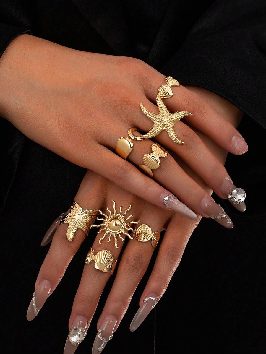 8 Stück goldene Seestern-Ringe, Spiraldesign Wirbel-Ringe Set, Damen Sommer gestapelte Ringe Pack, verstellbare Größe Ringe für Strand, Reise, Urlaub