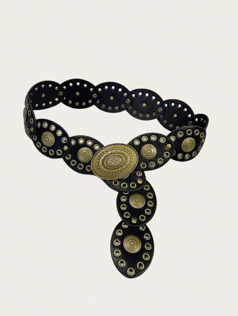 1 pièce Ceinture western style boho pour femmes, boucle vintage bronze ajourée à motif floral ovale, chaîne de taille, accessoire pour robe, convient pour fête, plage, festival de musique d'été, école