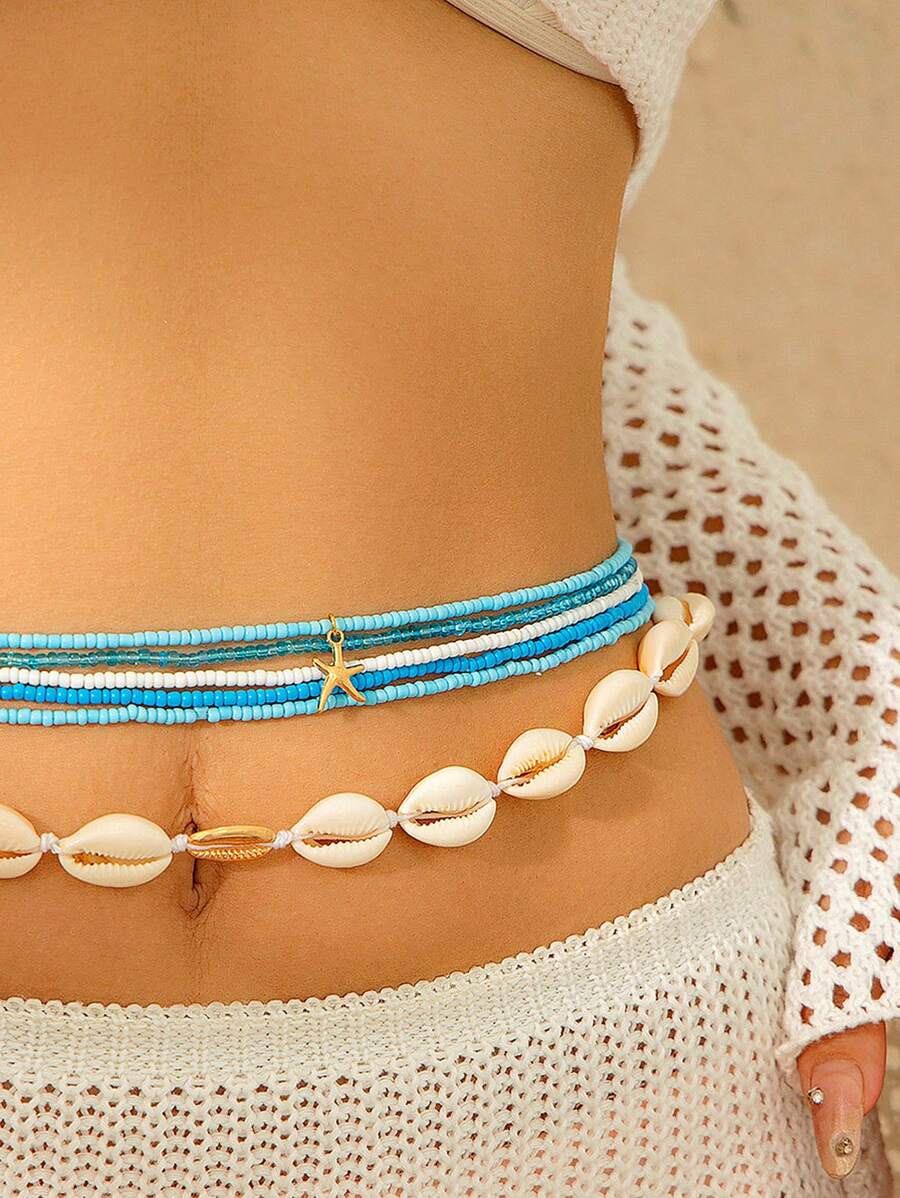 Set de 6 cadenas de cintura de metal con cuentas de turquesa vintage de estilo bohemio para mujeres de talla grande, decoradas con conchas de estrella de mar, estilo marino orgánico para verano y playa, accesorio de joyería para mujeres y niñas que puede combinarse con pantalones o faldas, ideal para San Valentín, Halloween y vacaciones