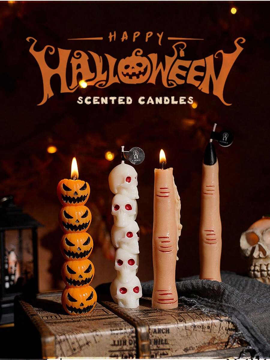 3 Stücke einzigartiger Finger, Kürbis und Schädel duftender Kerzen Set, 3 verschiedene Düfte, toll für Halloween, aromatische Heim-Dekoration, kreativ handgefertigte lang-stämmige duftende Kerzen