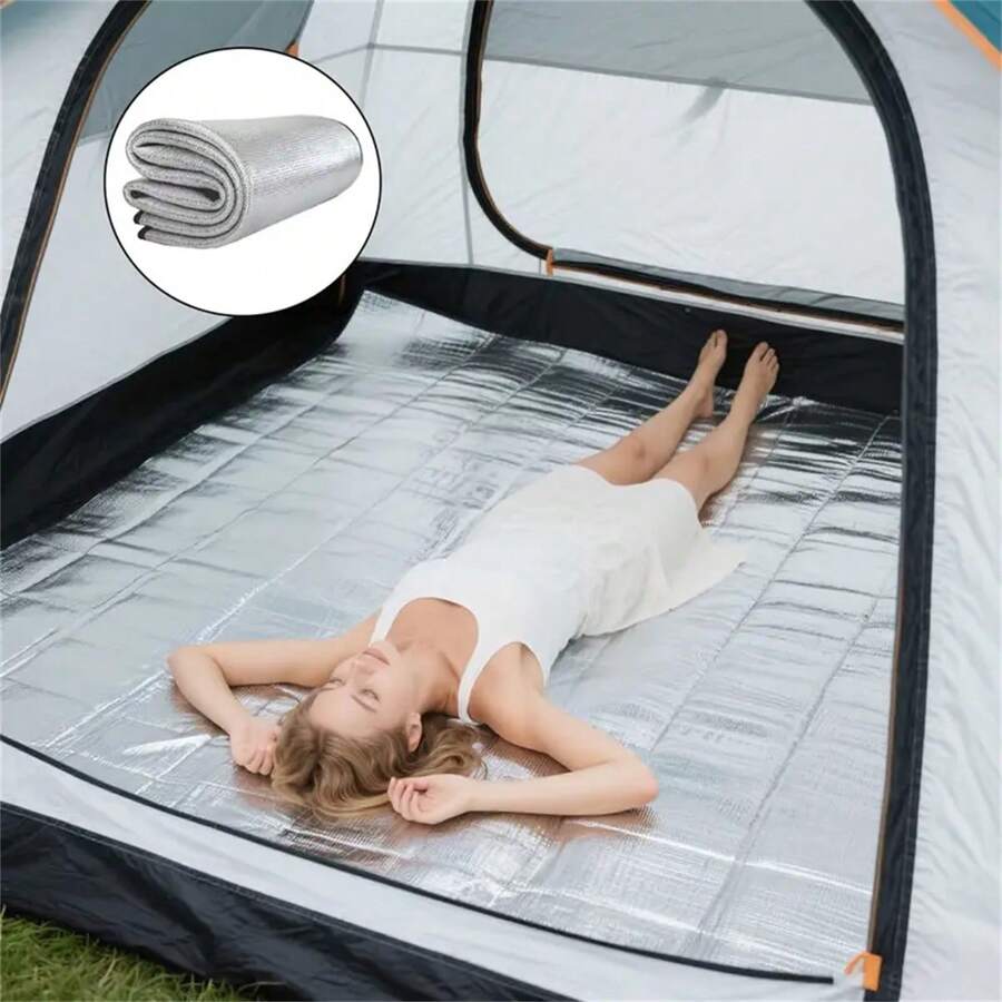 1pc Aluminum Foil Mat With Storage Bag - High Quality Portable Rectangular Cover For Camping, Beach Tents And Picnics - Protects Against Water, Mud & Dirt - Ideal For 4 Person Outdoor Adventures, Picnic Essentials, Glossy Surface, Durable Design