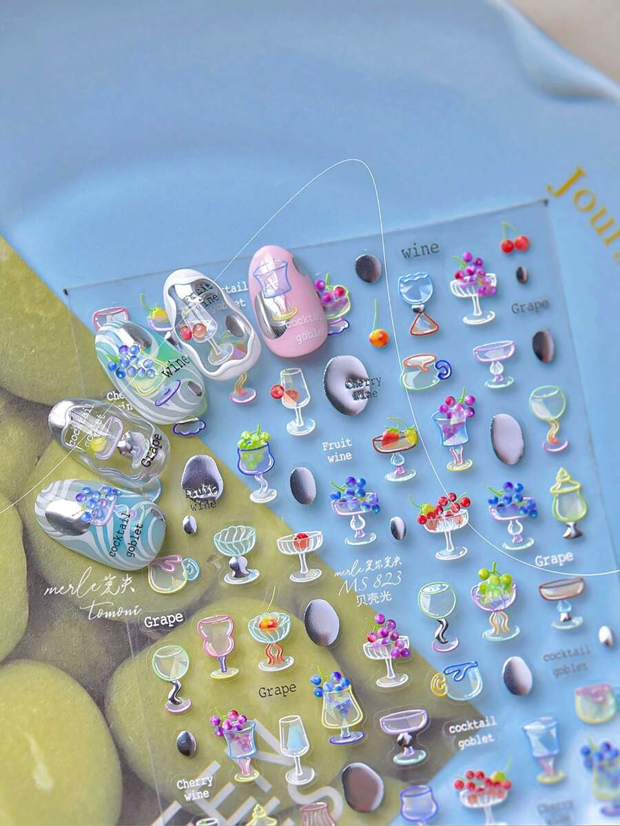 1 Bogen Cartoon Sommer Dessert Thema Nagel Aufkleber Muschel, leichte, bunte Trauben, Bananen, Kirschen, Obst, Eis Cream selbstklebende Slider Nagel Dekals