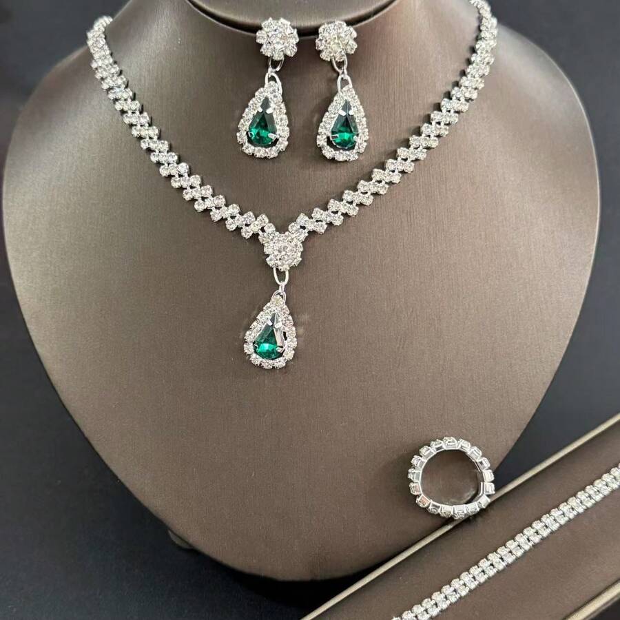 Conjunto de 3 peças de colar de cristal de metal prateado feminino, brincos, conjunto de joias de pulseira, acessório de casamento para noiva