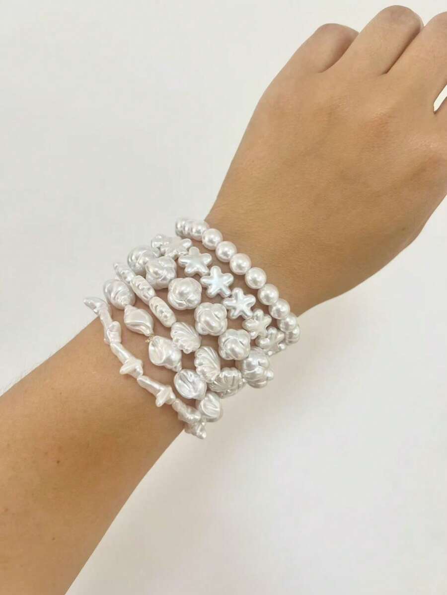 6pcs Fashion Charm Teenage Ocean Series Conch Shell Starfish Faux Pearl Beaded Bracelet, Multilayer Elastic Rope Elegant Bracelet Accessories