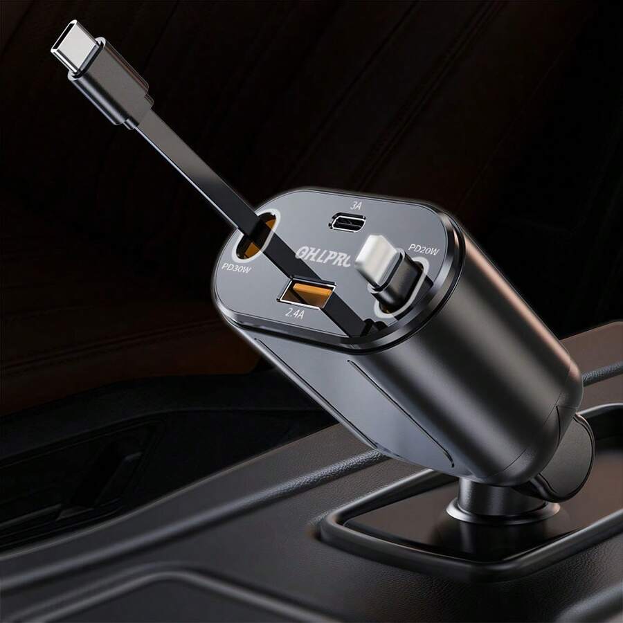 OHLPRO شاحن سيارة قابل للسحب 4 في 1 محول شحن سريع 60 وات مع كابلات قابلة للسحب و USB C/USB A متوافق مع QC و PD بالامكان استخدامه مع هواتف آي فون 15/14/13/12 برو ماكس بلس، آي باد، جالكسي وإكسسوارات السيارة