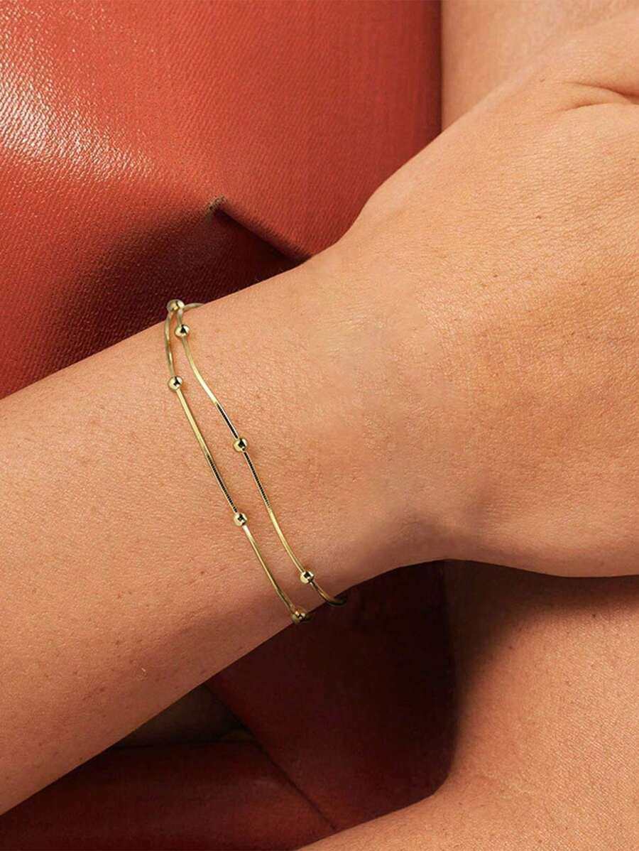1pc S925 Sterling Silver Double Layer Snake Bone Chain Beaded Bracelet, Fashionable Accessory Suitable For Daily Wear, Travel And Parties