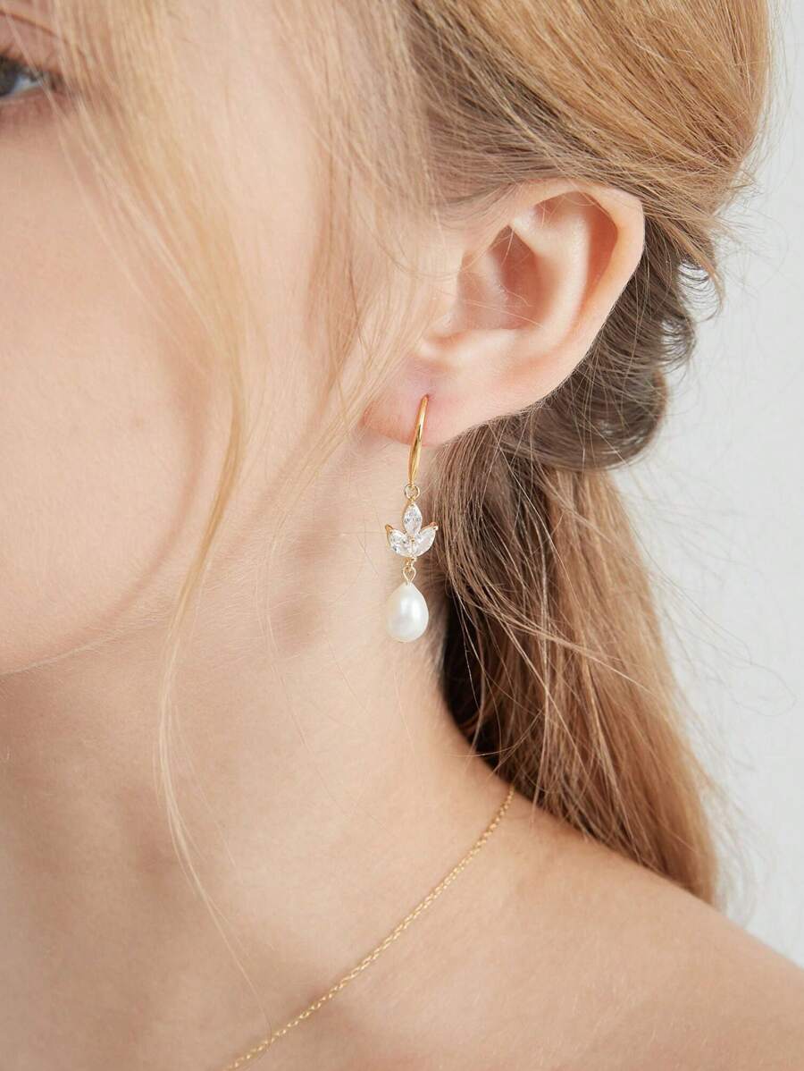 Brincos de Pérola: Brincos Brinco Pendente Folha de Pérola de Prata Esterlina Natural, Brincos Pendentes Zircônia Cúbica Decorada com Pérola Folheada a Ouro 14k, Brinco de Gancho de Pérola, Brinco Pendente de Noiva, Presente para Ela
