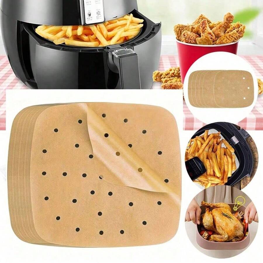 10/50/100opcs Air Fryer Disposable Paper Pads, Oven Paper Liner, Oil-Proof Non-Stick, Heat Resistant, Multi-Purpose Baking Tool, 8.5 Inch Square Perforated Parchment Paper, Home Life Baking Disposable Oven Pad, Kitchen Essentials, Suitable For Baking, Microwave Ovens, Compatible With Air Fryer, Suitable For Home Cooking And Food Lovers