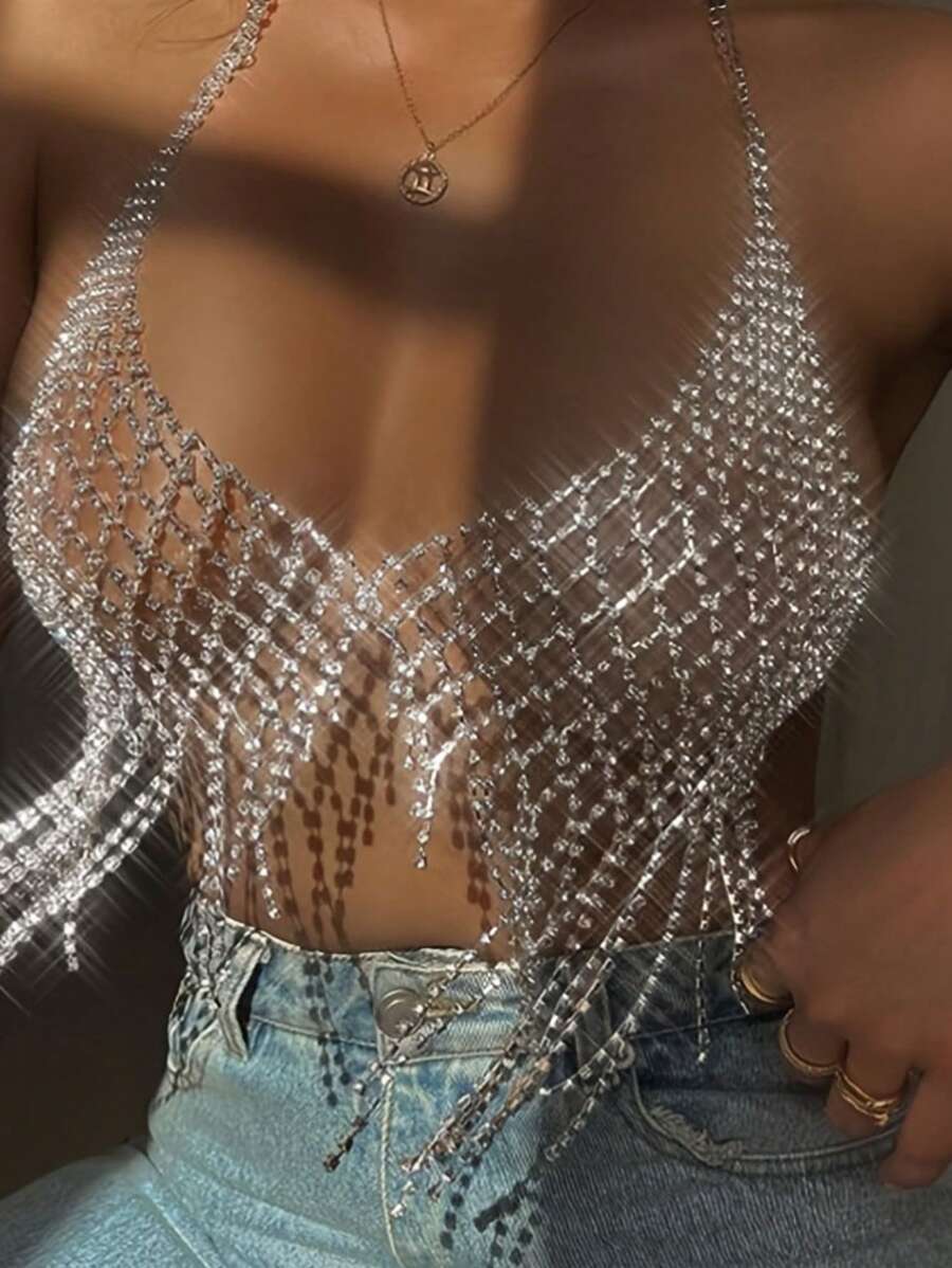 1pc Hollow Mesh Full Rhinestone Crystal Tassel Bikini Body Chain Necklace, Shiny Jewelry Decoration For Women, Party