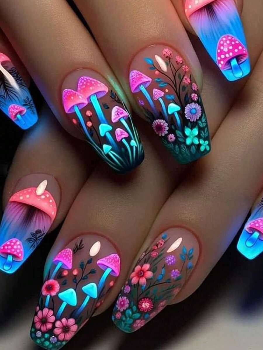 24pcs Short Ballet Press On Nails, Gothic Mushroom Design, Colorful Mystical Rainforest Umbrella Matte Finish Acrylic Nail Kit, Reusable Nail Tips For Women, Exotic World