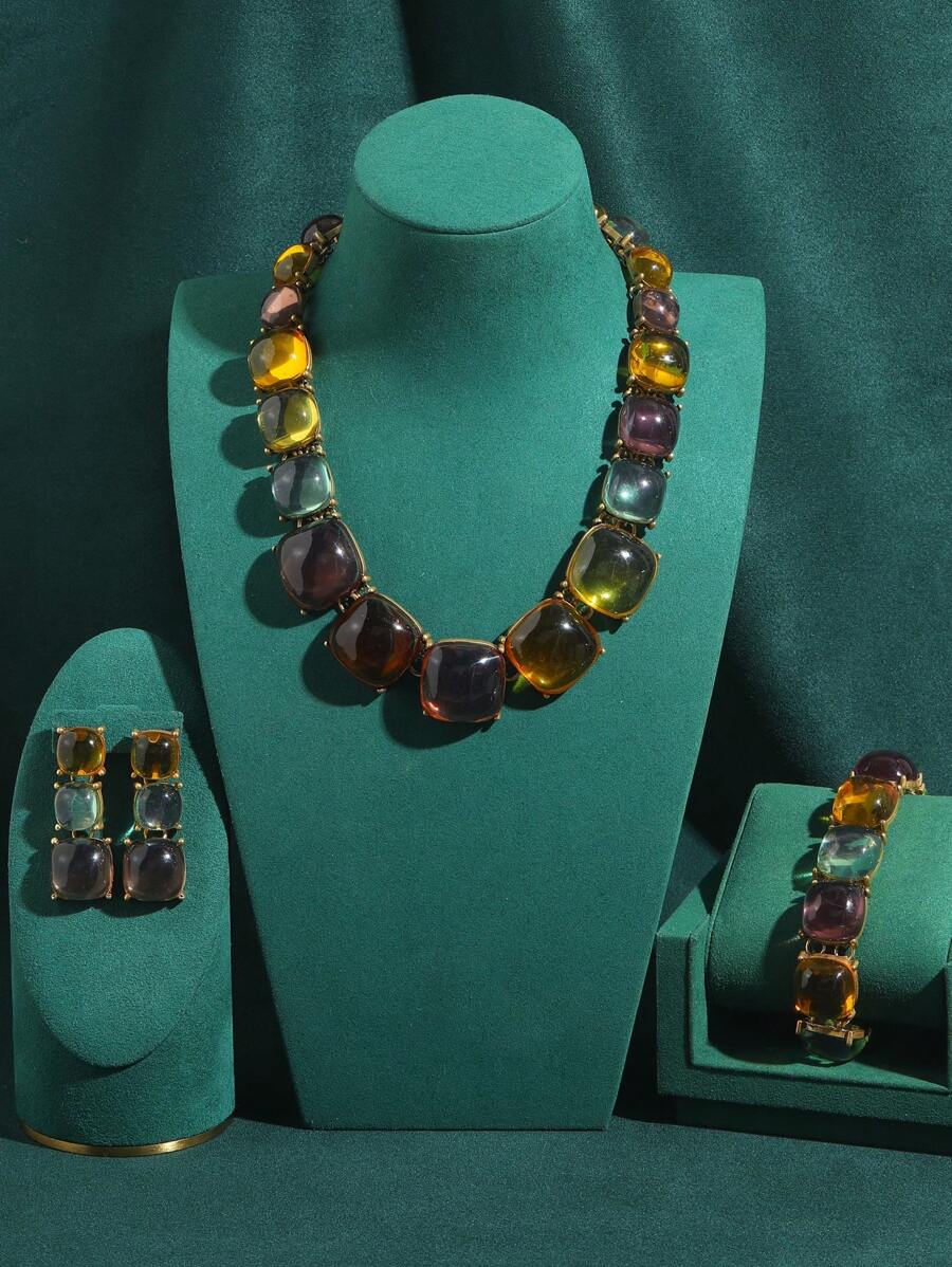 Vintage bronze-plattiertes 18k Goldfarbenes, übertriebenes, transparentes Kunstharz-Emaille Bonbon-farbenes Halskette, Armband, Ohrring Schmuckset