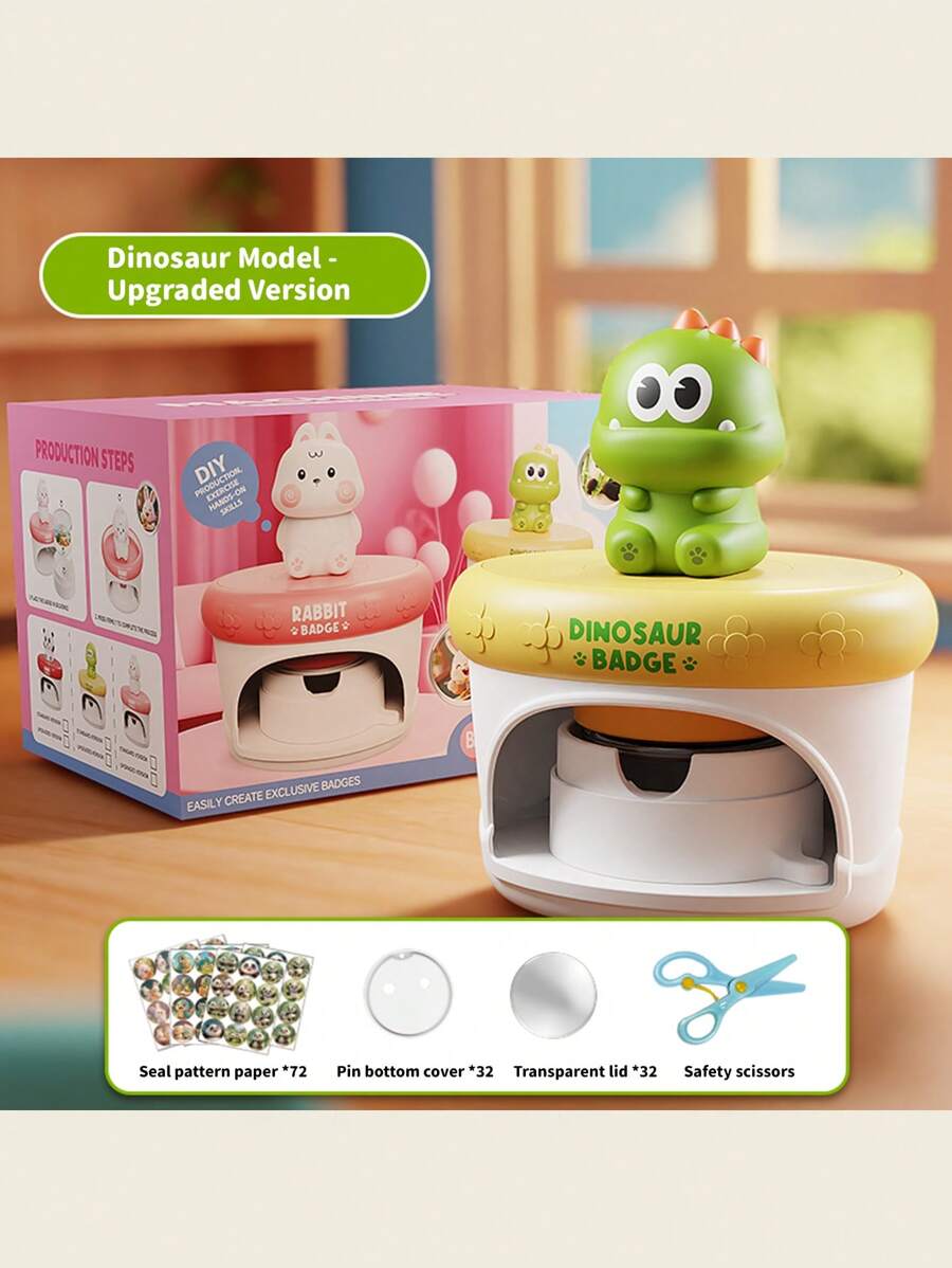 Hasbro DIY süße Dinosaurier Anstecker Basteln Set - Einfache Anstecknadel Maschine mit 32 Sets & Sicherheitsschere - perfekt für Partys, Basteln und Geschenke machen