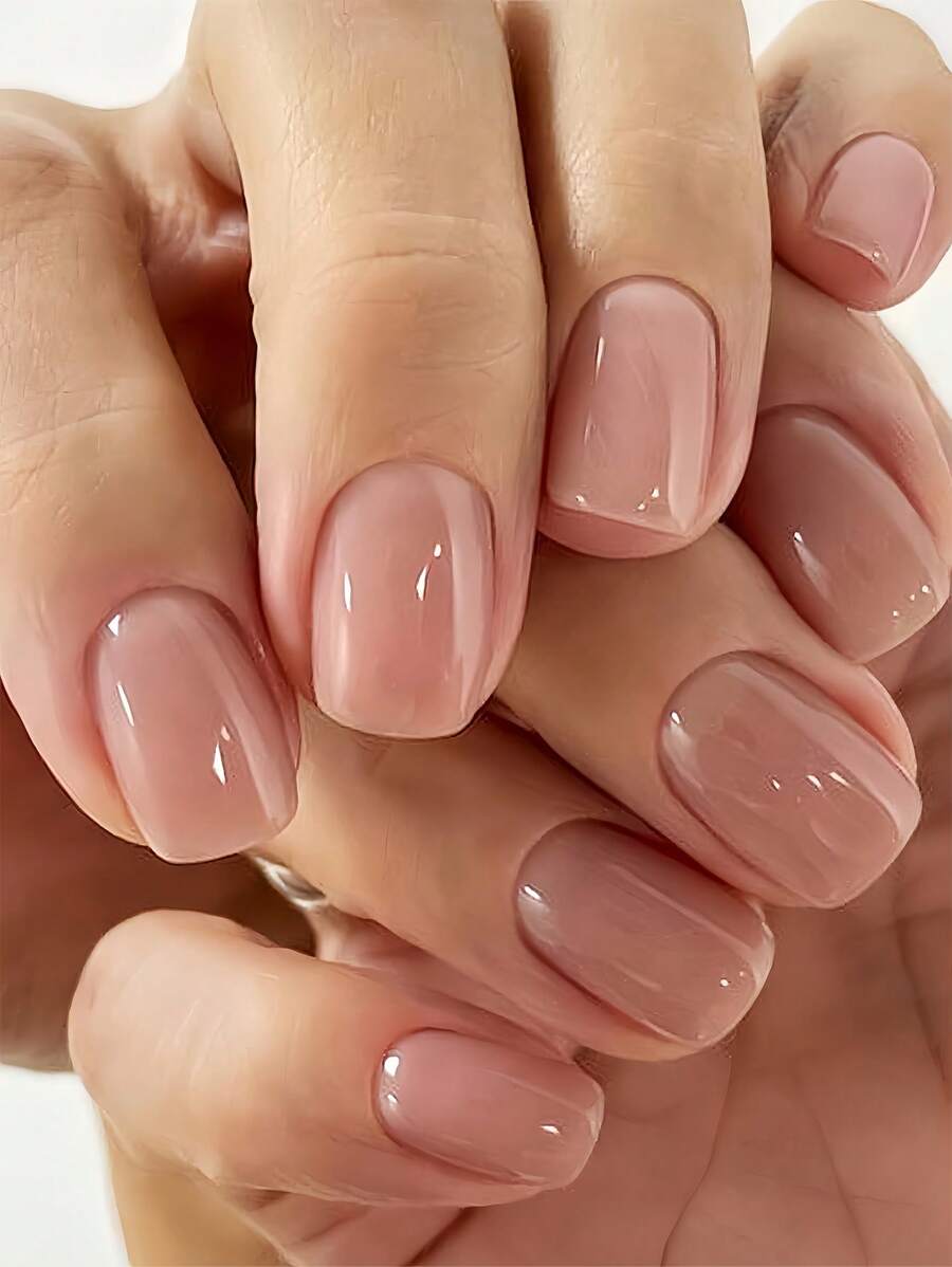 Unghie finte ultra-corte squadrate, gel unghie nude rosa in stile primaverile ed estivo, set di 24 unghie finte riutilizzabili in gel UV lucide e lisce, unghie finte acriliche set per arte di unghie