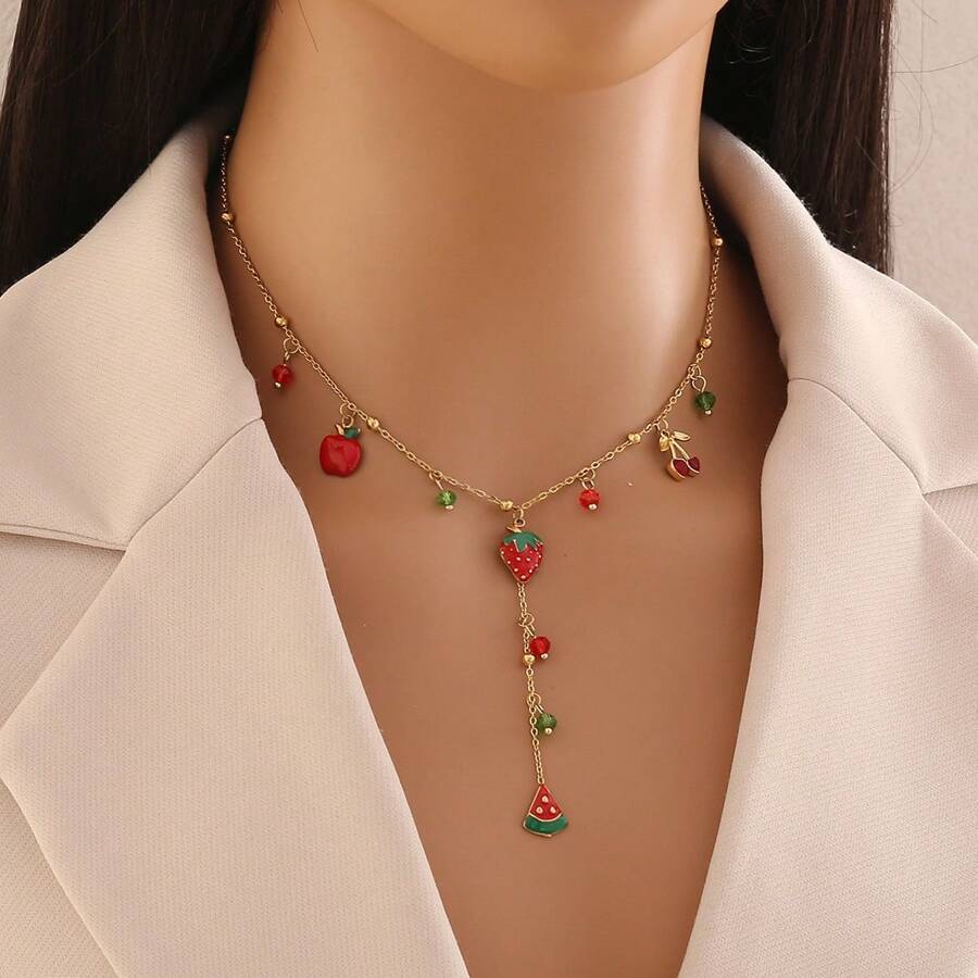 Freegrow 1pc Cherry & Strawberry Crystal Stainless Steel Y-Shaped Necklace, Suitable For Daily Wear
