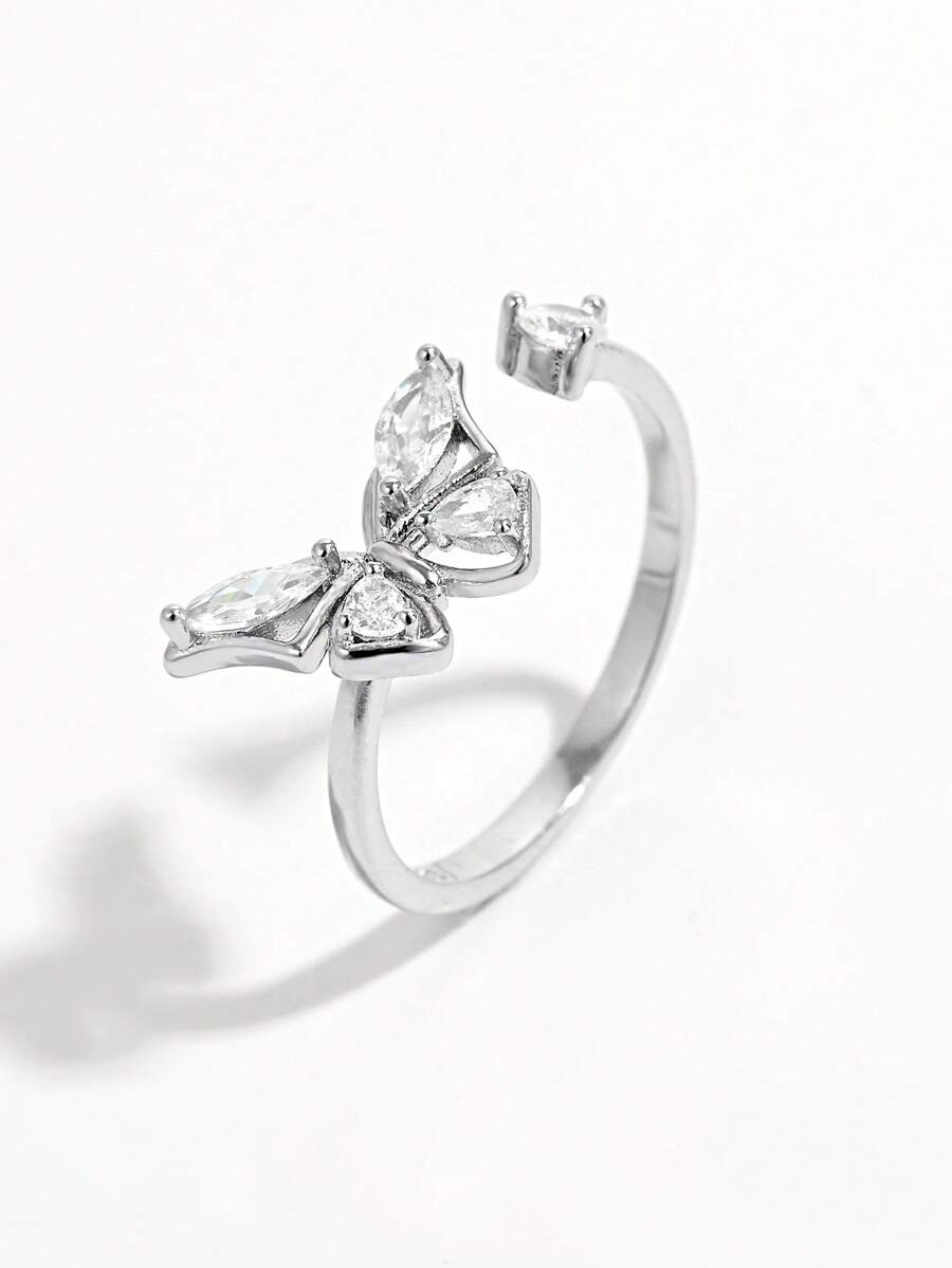 Vaerine 1pc Elegant Fashionable Simple Shiny Refined 925 Silver Cubic Zirconia Butterfly Adjustable Ring, Women Gift For Dating, Wedding, Proposal, To Showcase Charm