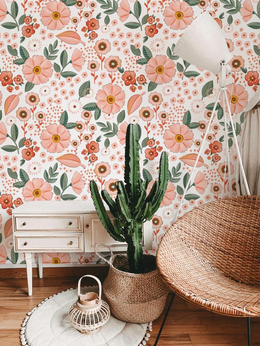 Pink Flowers Pattern Peel & Stick Wallpaper Boho Floral Garden Bedroom Self-Adhesive Removable Wallcovering Pre-Pasted Flowering Meadow Wall Paper Wall Stickers Room Decor Wall Decor Wall Sticker
