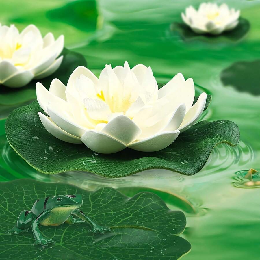 12/8 Stücke künstliche schwimmende Lotus Blumen - realistische weiße & grüne Plastik Lotus Blumen für Heim Dekoration, Aquarium, Hochzeiten, Weihnachten, Valentinstag - ohne Stromversorgung, ohne Behälter, künstliche Outdoor Blumen