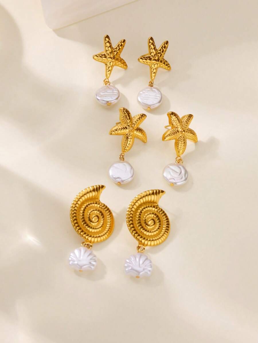 1 par de pendientes colgantes de acero inoxidable con forma de estrella de mar y concha para mujeres, con colgante de perla falsa, joyería de estética de verano para mujer