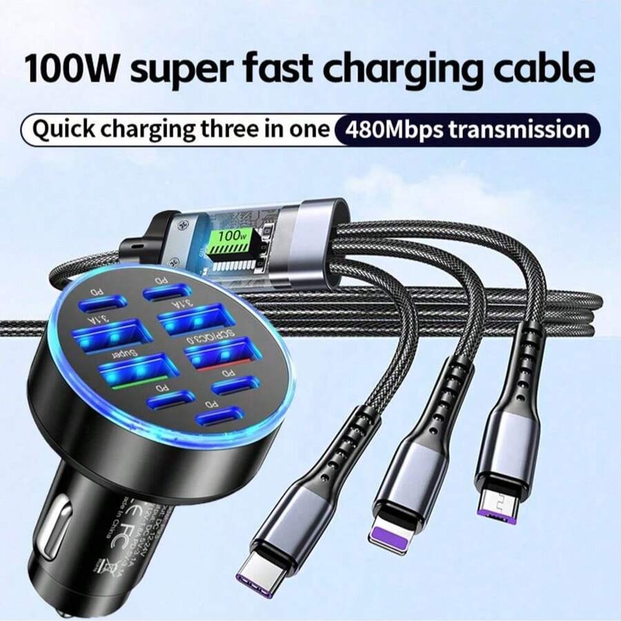 9 pièces Ensemble de chargeurs de voiture avec câble de charge rapide 3 en 1 (USB vers Type-C + Lightning + Micro USB), compatible avec les appareils Apple