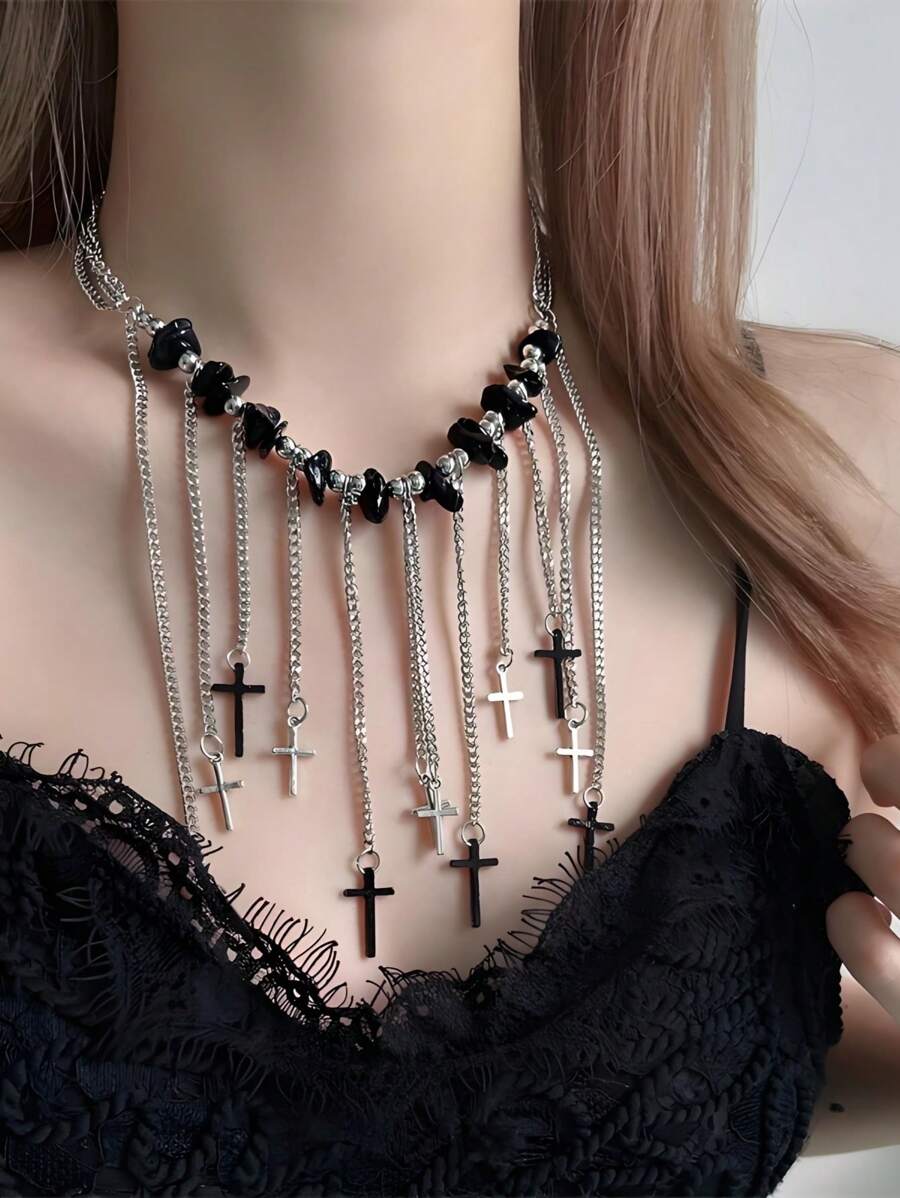 1pc Fashionable, Elegant, Unique, Refined, Dark Gothic, Y2K, Hip-Hop, Punk Style Cross Tassel Multi-Layer Necklace For Women, Suitable For Daily Wear, Festivals, Parties