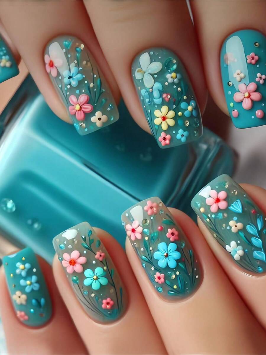 24 pezzi di unghie finte quadrate, design floreale estivo e colori pastello in contrasto, base verde acqua, stile Y2K, adatto per la primavera e l'estate