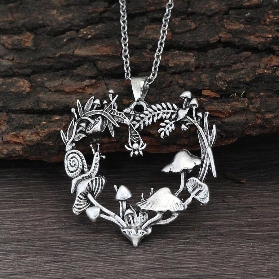 Creative Heart Pendant Necklace For Women, Mushroom & Snail Plant Shaped Vintage Boho Jewelry, Party & Everyday Wear, Memento Necklace