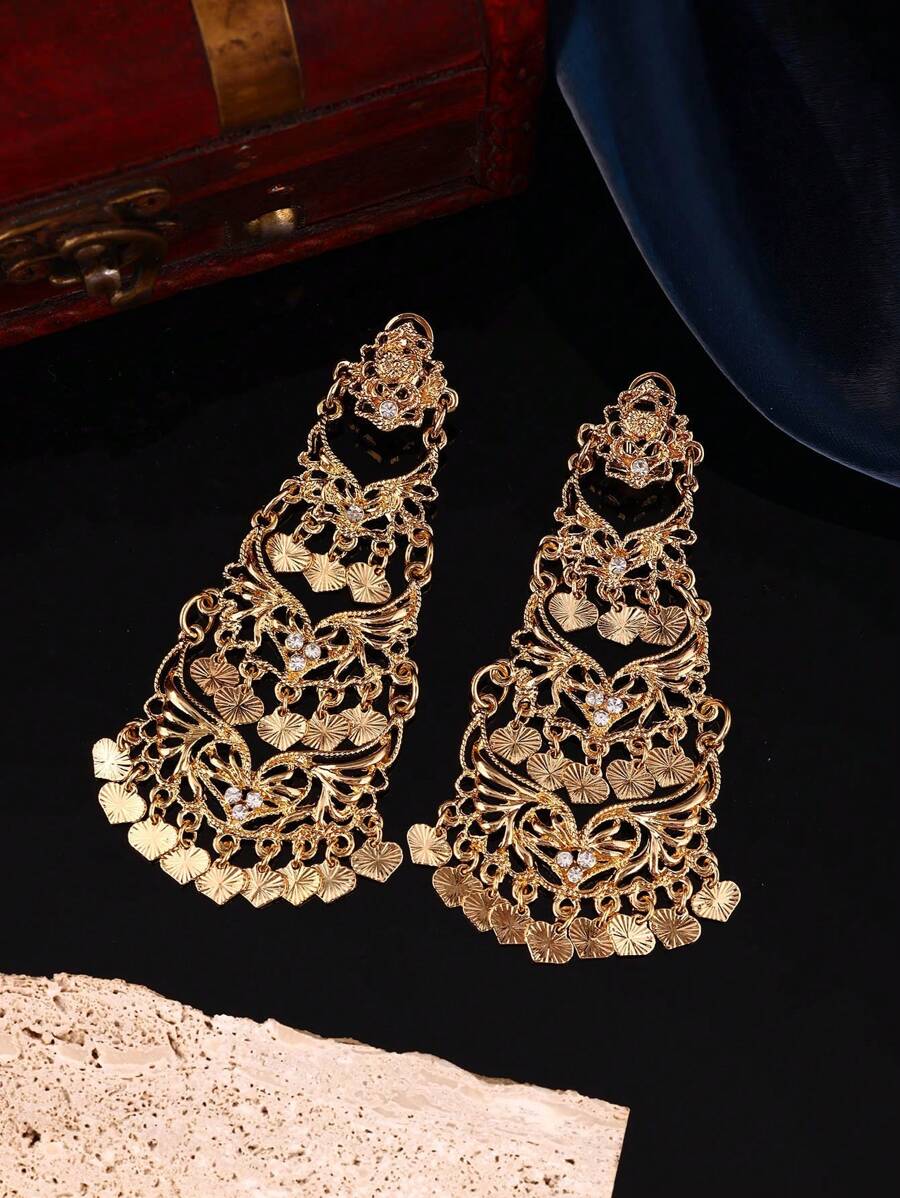 1 Pair Multilayered Earrings For Women, With Hollow Carving And Tassel Pendant Decor, Moroccan Jewelry Accessories