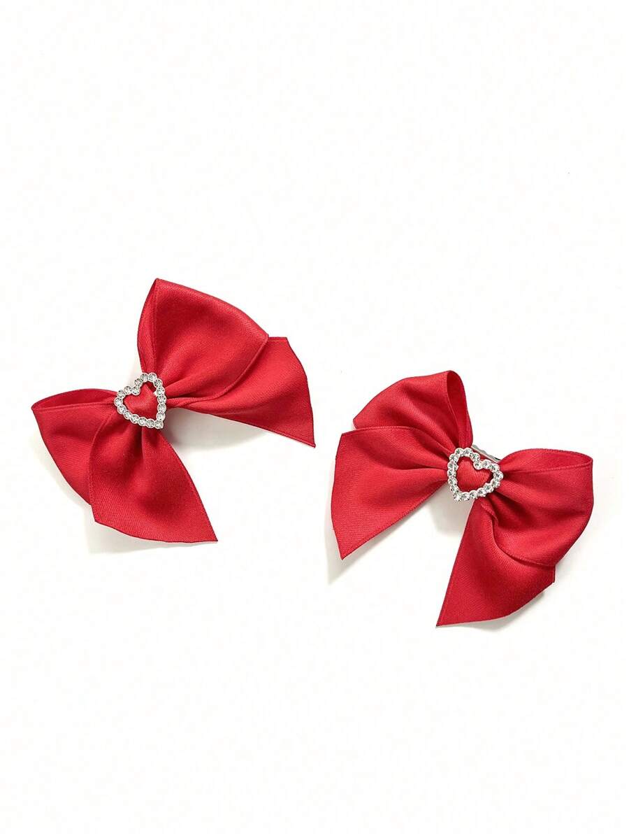 2pcs Solid Color Heart & Bow Hair Clips, Suitable For Bangs And Short Hair Daily Use ,Hair Accessory ,School Accessories