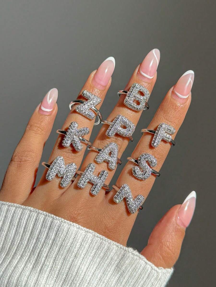 1 pieza Anillo exagerado de letra inicial de Hip-Hop plateado para mujer, anillo de letra inflado moderno y grueso, anillo de letra inicial personalizado ajustable, regalo de joyería de cumpleaños
