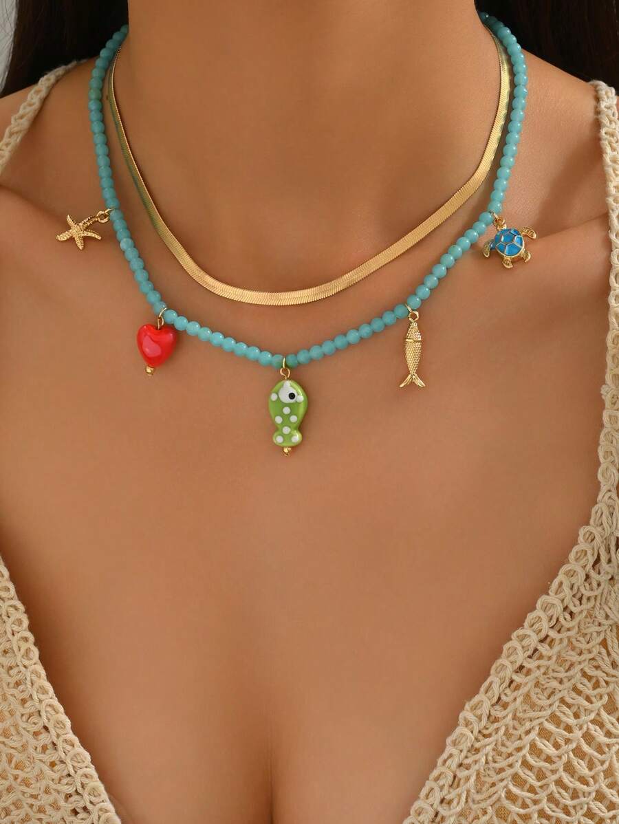 1pc Fashionable Beaded Starfish & Snake Chain Necklace Set, Casual To Party Jewelry For Women