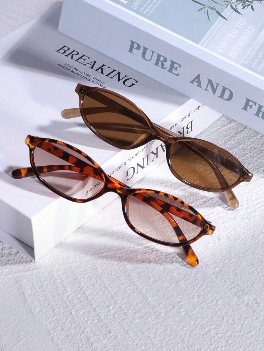 2pcs New Vintage Oval Small Frame Fashion Eyeglasses For Men And Women, Stylish High-End Casual Street Photography Unisex Glasses Halloween