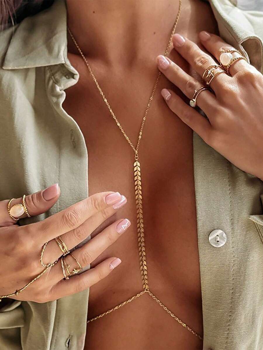 1pc Fashionable Gold Chain Body Chain, Sexy Beach Bikini Necklace Waist Decor, Perfect For Party & Chest Accessory