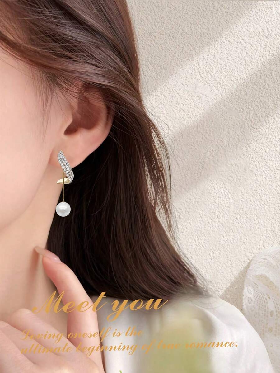 2pcs Elegant Pearl Tassel Earrings, Diamante Bridal Earrings Suitable For Wedding Photos, Formal Dresses, And Daily Commuting Outfits