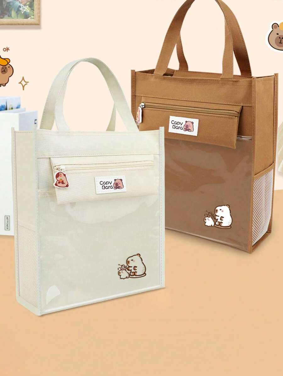 1 Peça Saco de Lona de Cartão de Estudante Fofo e Dos Desenhos Animados, Bolsa de Mão de Tecido de Grande Capacidade com Classificação Multilayer para Materiais de Livros e Arquivos, Pode Ser Usado para Guardar Livros, Estojo de Lápis, Borrachas, Lápis, Marcadores e Outros Sacos de Papelaria, Copo de Água Lateral. Adequado para Escola/Tutorial/Escritório/Estudantes do Ensino Fundamental e Médio/Meninos e Meninas/Trabalhadores de Escritório/Presentes na Época do Regresso às Aulas.