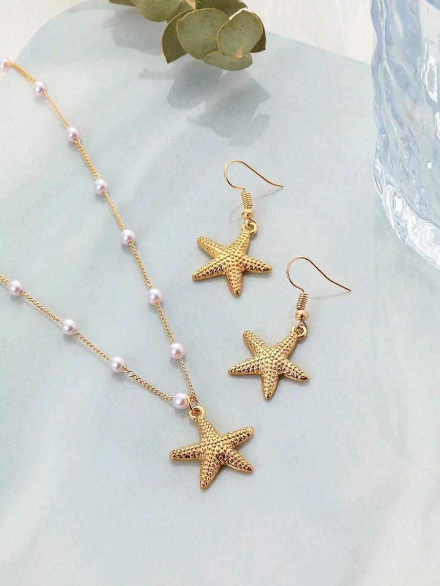 Goldfarbenenes Seestern Halsketten & Ohrringe Set (handgefertigte Kette auf Maß geschnitten, variable Anzahl von Perlen, variable Größe der Strass)