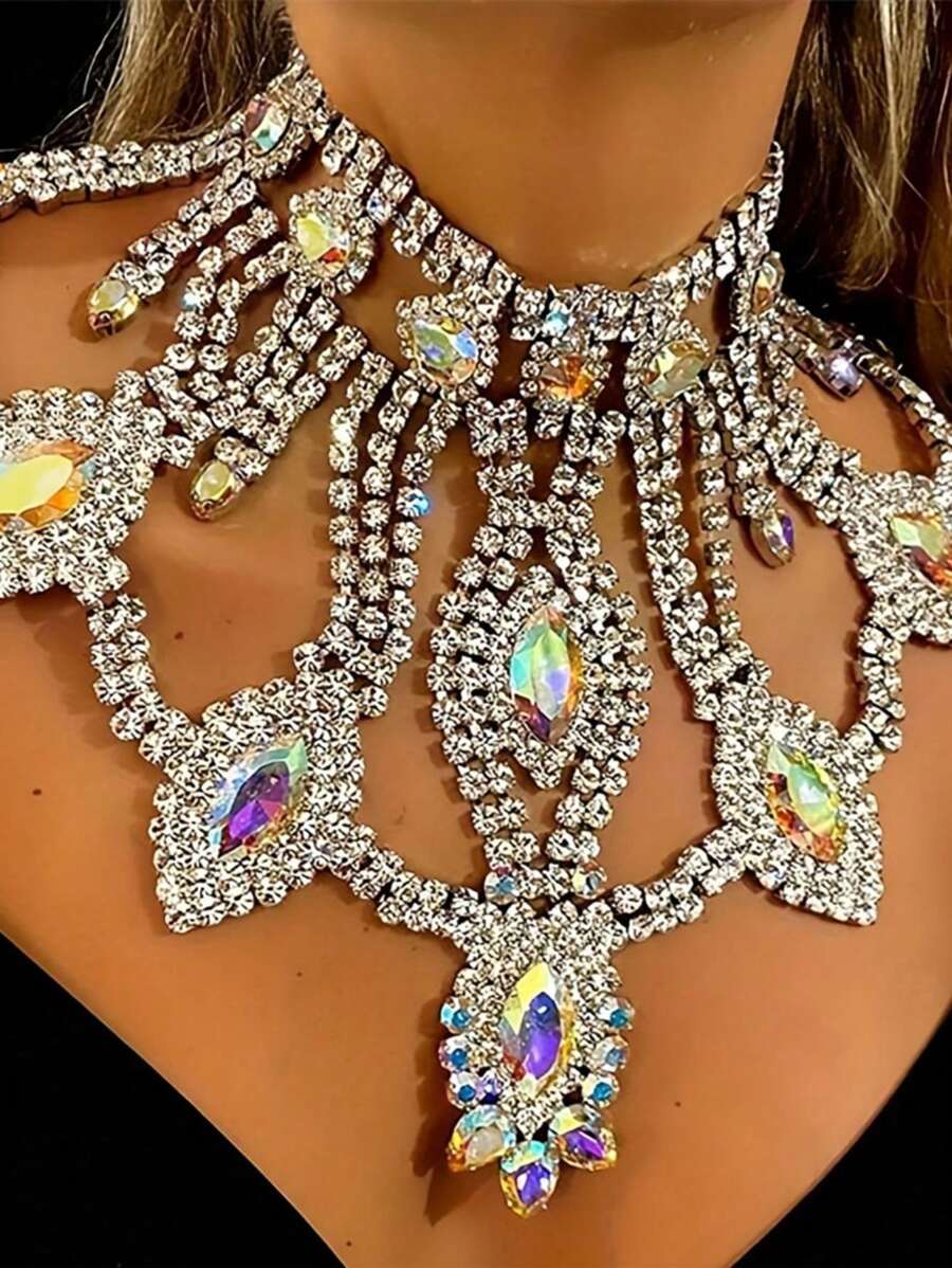 1pc Women's Exaggerated AB Crystal Long Necklace, Fashionable Bridal Wedding Shiny Jewelry Accessory, Valentine's Day Gift