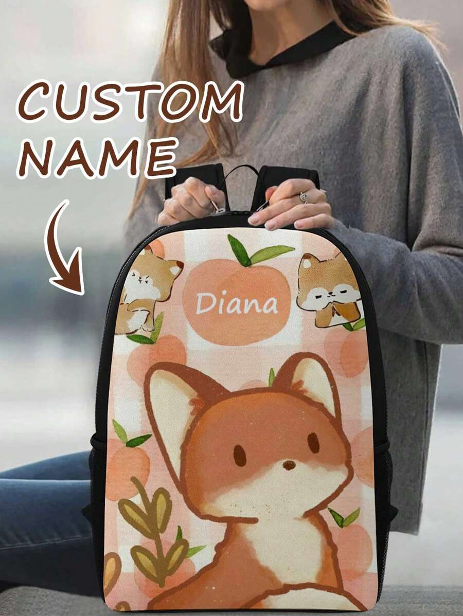 Zaino personalizzato con volpe carina, di grande capacità, in stile fresco, borsa per studenti con nome personalizzato, zaino adorabile con volpe con ampio spazio, adatto per pendolarismo quotidiano e scuola