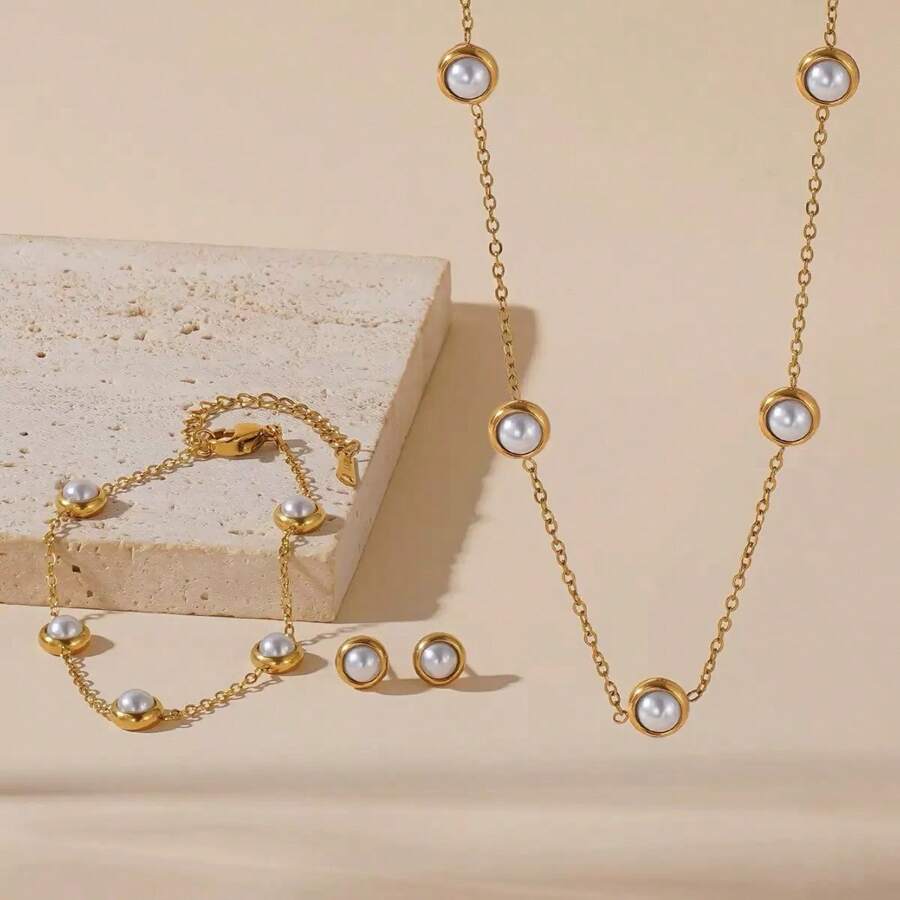 1 set Elegante collar de acero inoxidable con decoración de cuentas de plástico blanco y pendientes a juego de acero inoxidable, adecuado para uso diario o fiestas de mujeres, puede ser un regalo en días festivos