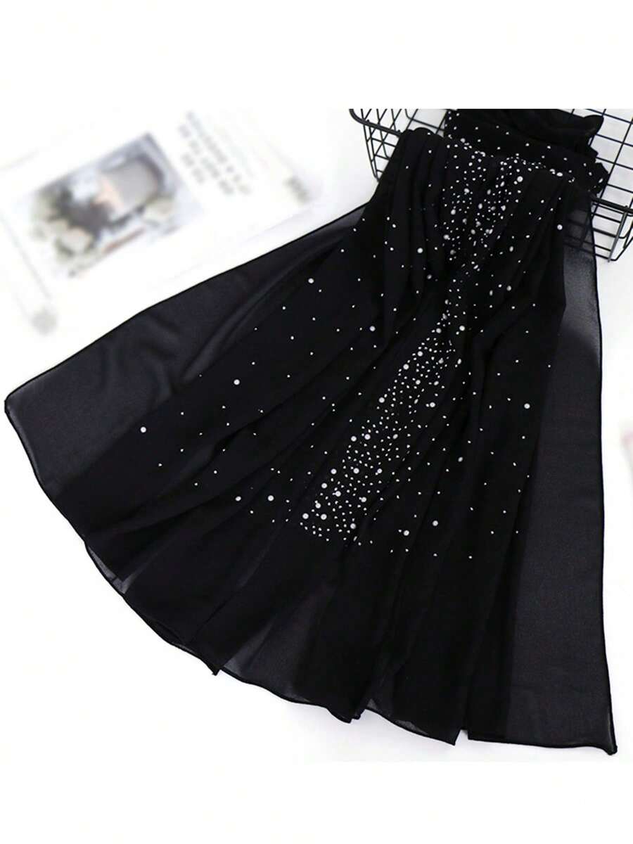 1 pieza Bufanda de mujer de moda con perlas multicolor, decorada con chifón y rhinestone, versátil y ligera para primavera, verano, otoño, invierno, uso diario, vacaciones, playa