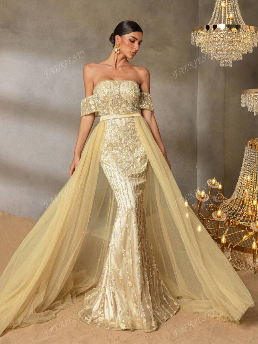Faeriesty Faeriesty Elegant Off-Shoulder Evening Gown With Adjustable Back Tie Closure, Sheer Tulle Extensions & Dramatic Mermaid Silhouette - Perfect For Red Carpet Galas, Black-Tie Weddings, Opera Performances, Gala Dinners, High-Profile Charity Events