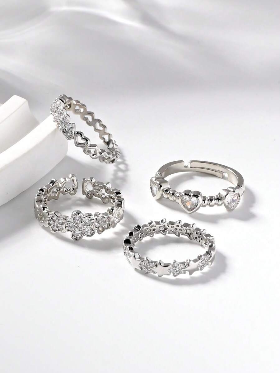 1pc Exquisite Simple Heart Zirconia Silver Women's Ring,Hollowed Out Star And Clover Decorative Rings,Summer Fashion Accessories For Daily,Stacking,Vacation,Wedding,Party,Valentine's Day Gift,Elegant Jewelry Gift.
