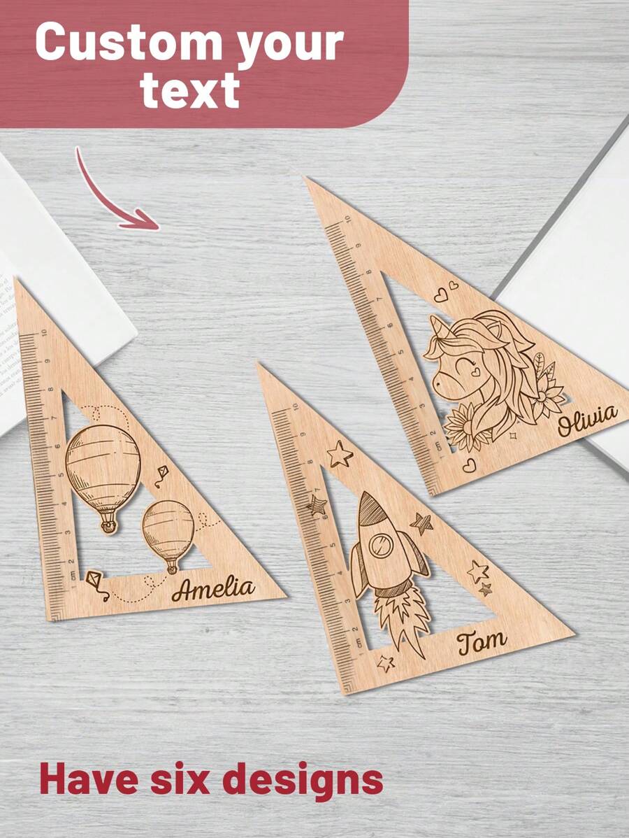 School Is Starting! Customized Wooden Children's Triangular Rulers, Teacher's Vector Graphics, Customized Name Triangular Rulers. On The First Day Of School, School Supplies, Children's Gifts, Unicorn Patterns, Rocket Patterns, Hot Air Balloon Patterns, Wooden Rulers, Suitable For Boys And Girls, Essential School Supplies., School Supplies,Back To School