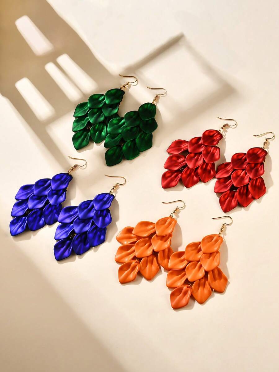 2 pièces Boucles d'oreilles mode et exagérées haut de gamme à pétales avec franges, boucles d'oreilles à fleurs et feuilles avec peinture nacrée, convenant pour les vacances au bord de