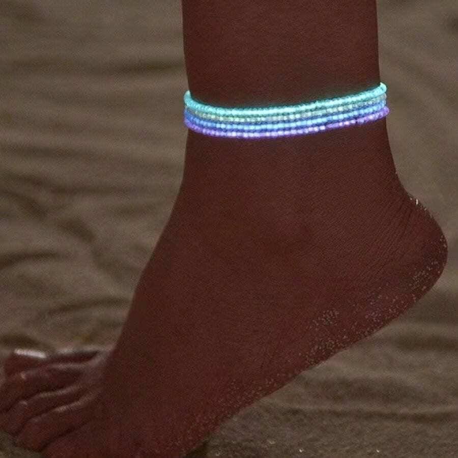 Set de 4 piezas de pulseras y tobilleras elásticas con cuentas acrílicas fluorescentes para mujeres