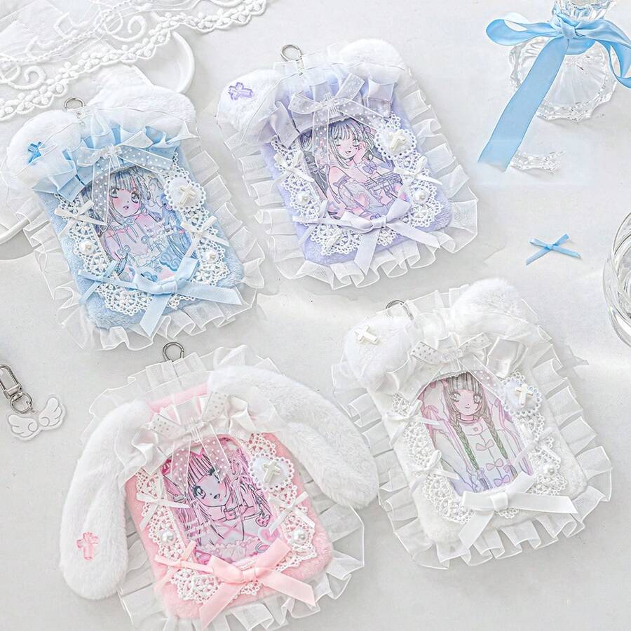 Rosyposy K-POP Fluffy Lace Photocard Holder 3.5" With Keychain - Cute Double-Sided Idol Card Protector Sleeve For Backpack, Purse, School Supplies,Back To School