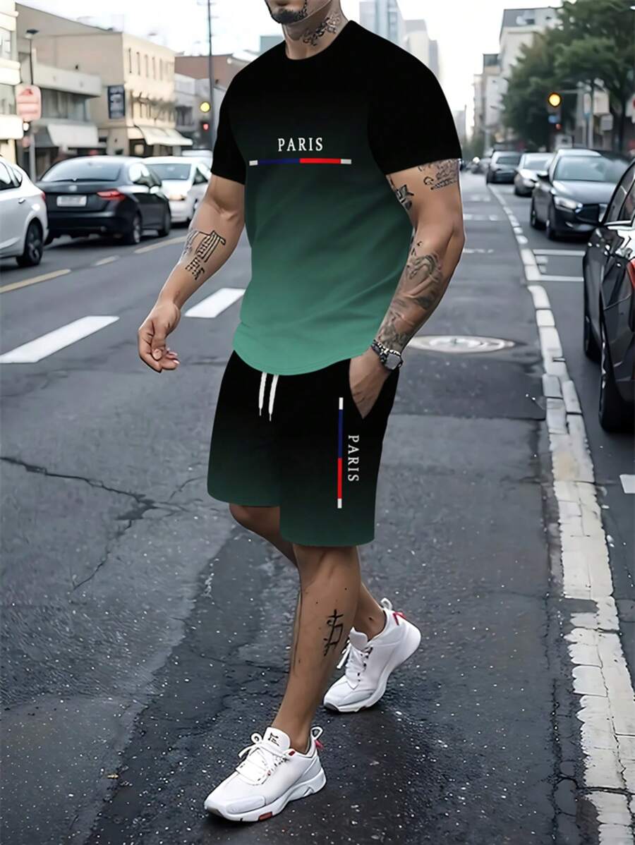 Herren 2-teiliges Lässig Outfit, Grüner Farbverlauf Buchstaben Muster Kurzarm T-Shirt + Kordelzug Sport Shorts, Sommer Herren Outdoor Rundhals Sportbekleidung Set