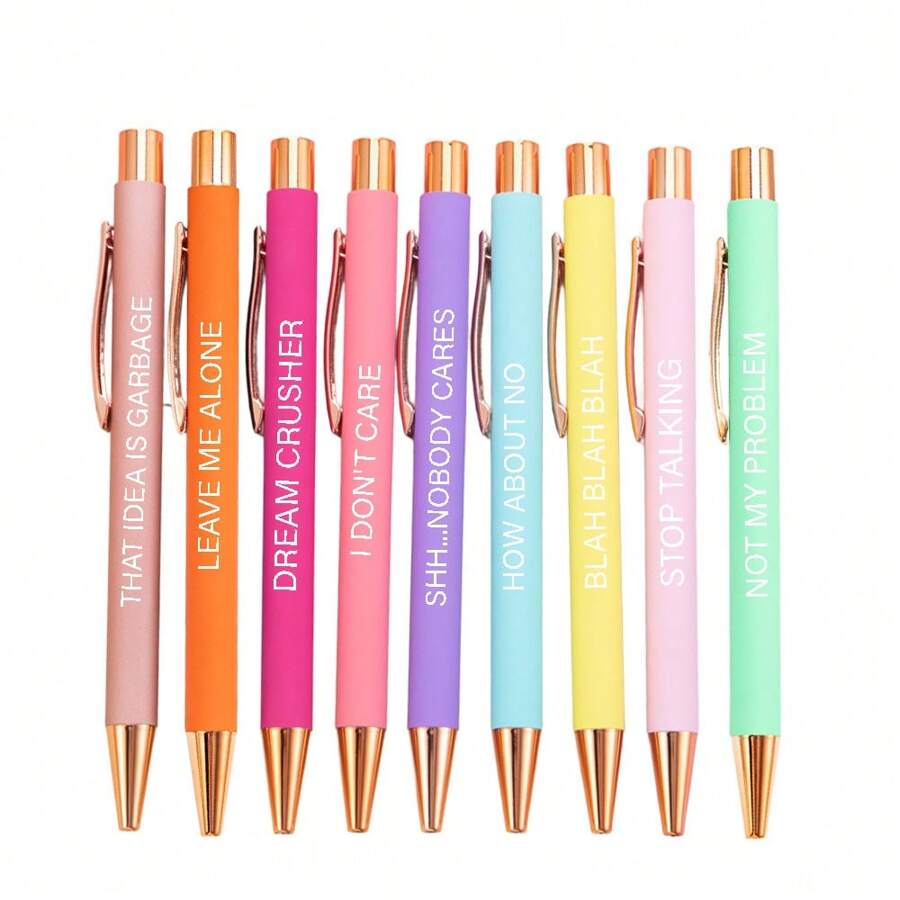 9pcs Funny Offensive Quote Ballpoint Pens With Black Ink - "This Idea Is Trash", "Don't Bother Me", "Dream Crusher", Etc. - Medium Point, Smooth Writing Ballpoint Pens, Suitable For Office And Women, Stationery | Humorous Quote Pens | Metal Surface,School Supplies,Back To School
