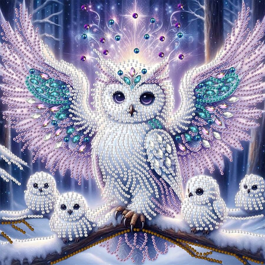 5D Special Shape Crystal Diamond DIY Diamond Painting Kit - Snowy Forest Owl Family Partial Drill Mosaic Art Canvas, Suitable For Frameless Wall Decor