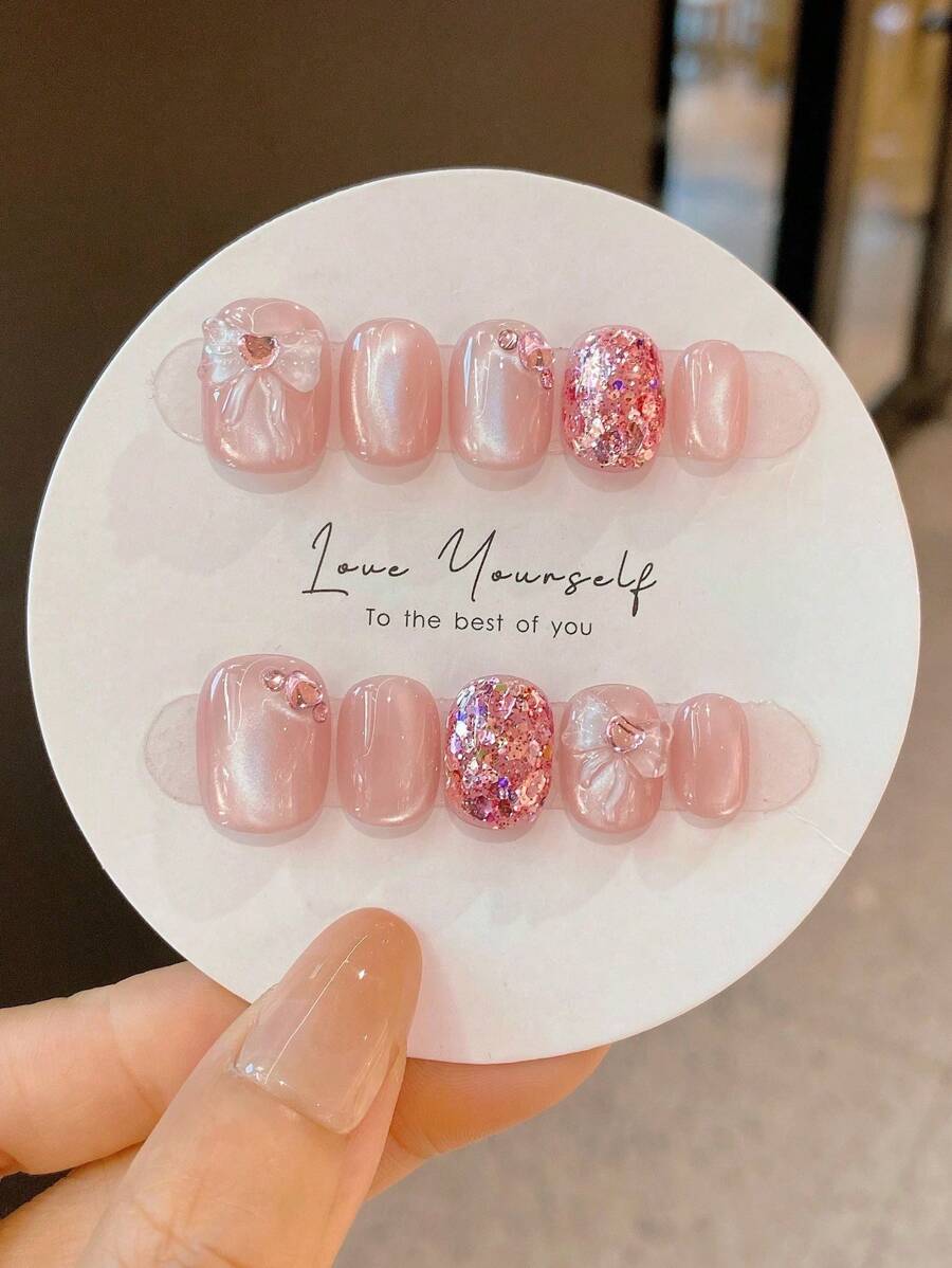 10pcs Pink Manicurist Pure Handmade Manicure Wear Nail Set Pink Cat's Eye Three-Dimensional Bow Rhinestone Heart Sequin Glitter Oval Nail Shape Press-On Nail Patch